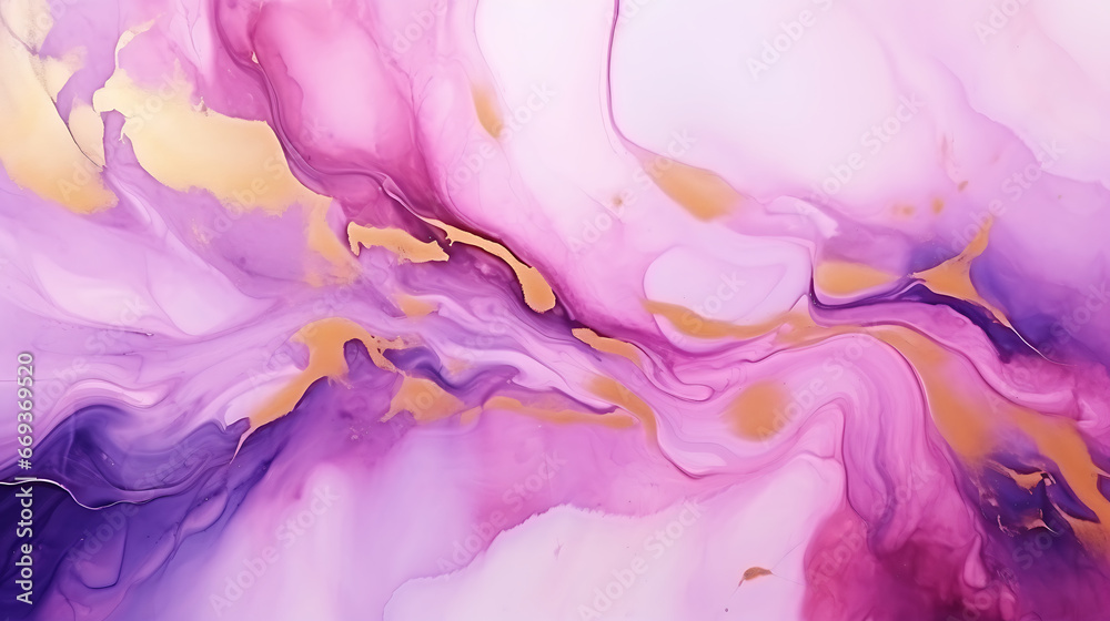 A luxurious abstract modern background featuring pink and purple marble textures infused with gleaming golden glitter, resembling fluid art created using the alcohol ink technique