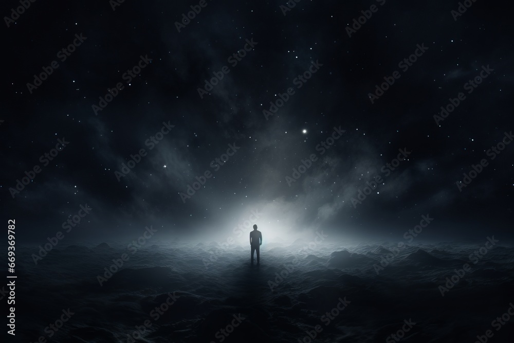Solitary man in dark space, epitomizing loneliness and cosmic contemplation.

 - obrazy, fototapety, plakaty 