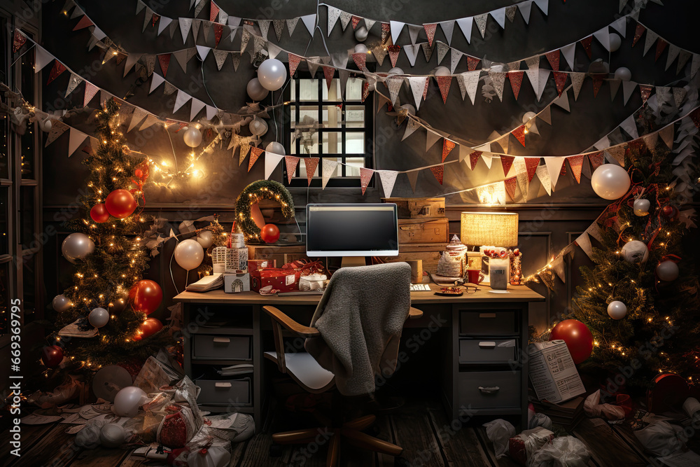 a home office decorated for christmas with decorations and garlands on the wall above it, there is a computer sitting on a desk