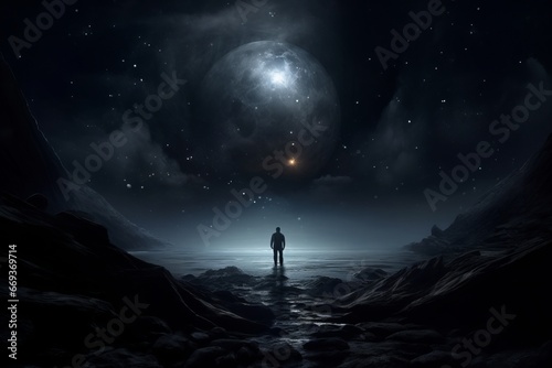 Lone man standing beside dark moon, contemplating the universe's infinite mystery.
