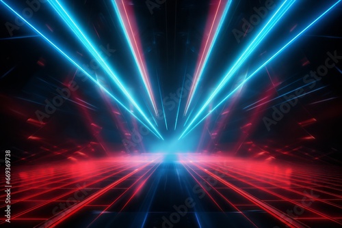 Abstract 3D illustration of laser neon red and blue light rays for festive concert and music hall settings.
