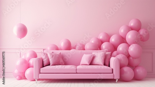 Comfortable Living Room Decorated with Cozy Pink Sofa and many pink balloons generated by AI tool 