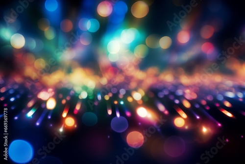 Abstract colorful lens flare and bokeh effects on a black background.