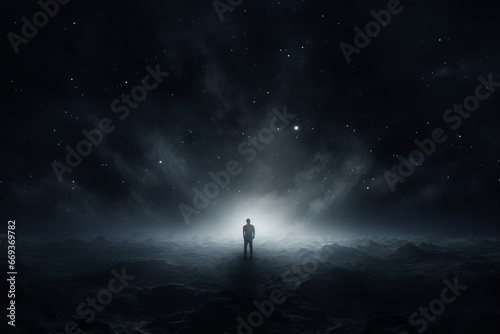 Fotografia Solitary man in dark space, epitomizing loneliness and cosmic contemplation