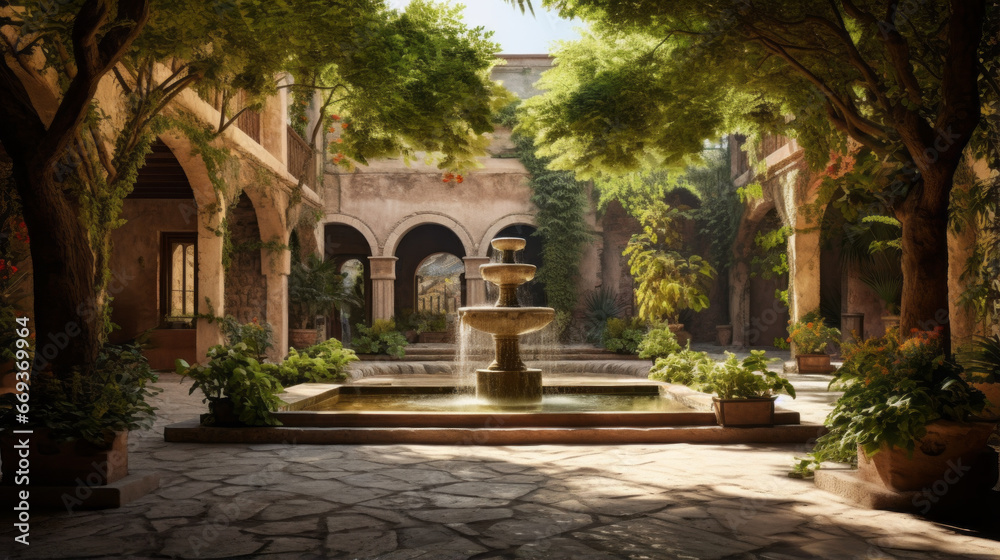 A serene courtyard, with a central fountain surrounded by lush plants and trees