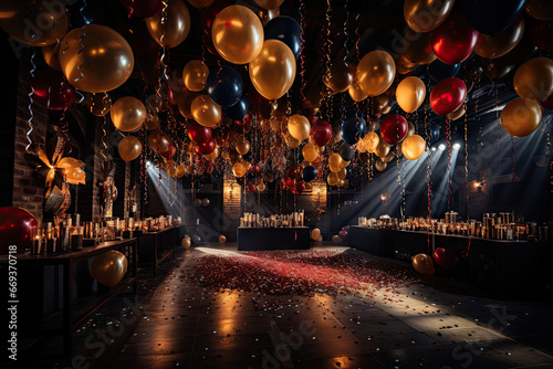 a party with balloons, candles and contros on the dance floor in front of a stage set up for a performance