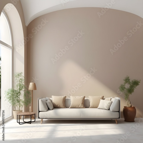 the interior of a room with a pale beige couch and vase, in the style of arched doorways, tonalist color scheme, minimalist palette, pink, mediterranean landscapes, glazed surfaces photo