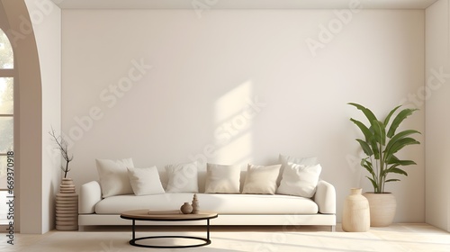 white living room with furniture and potted plants, in the style of minimalist staging, beige, uhd image, solarizing master, matte background, loose handling of paint, minimalist backgrounds