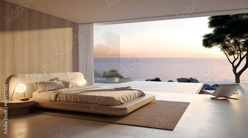 a minimalist room with a sea view, in the style of beige, highly detailed, outdoor scenes, serenity and calm, dreamlike settings, rich and immersive © Muzikitooo