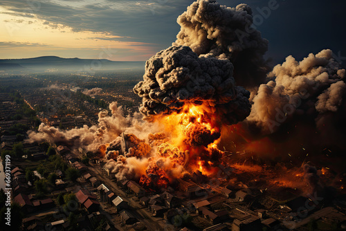 a huge explosion in the sky with smoke and fire coming from it's chimneys, as seen from above