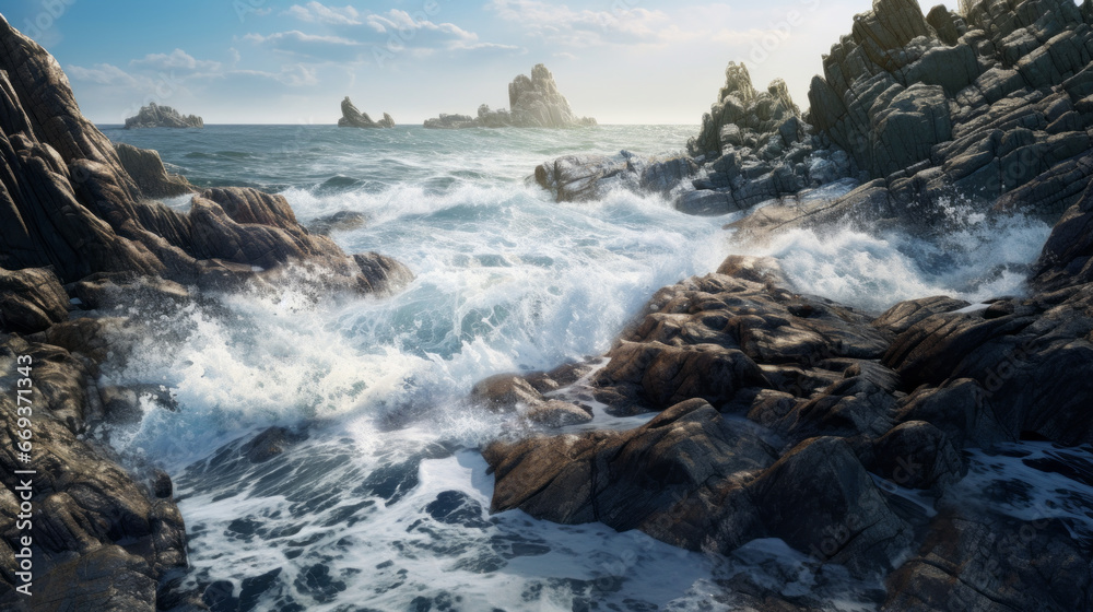 A rugged coastline with waves crashing against the rocks