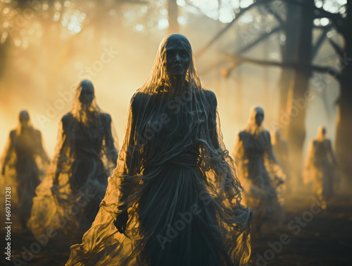 Scary ghosts walk through the cemetery, in the rays of moonlight, in white rags. 