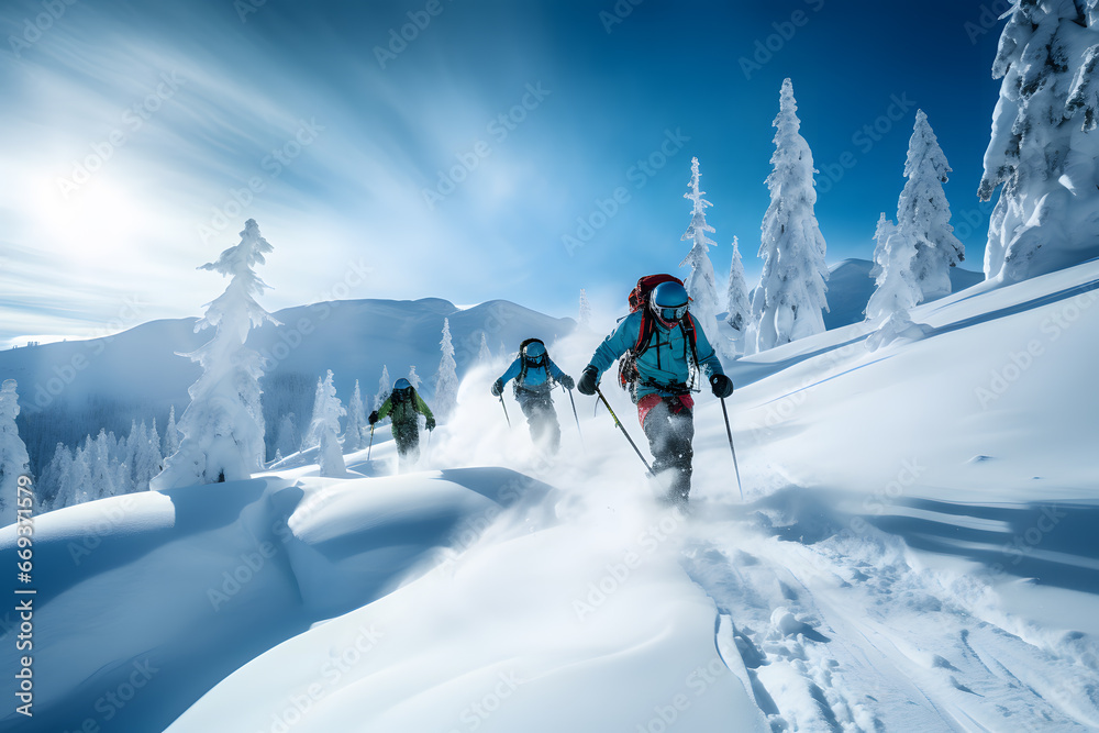 Backcountry Skiing. Skiers Carving Through Fresh Powder in a Remote Wilderness Backcountry Skiing. Skiers Carving Through Fresh Powder in a Remote Wilderness