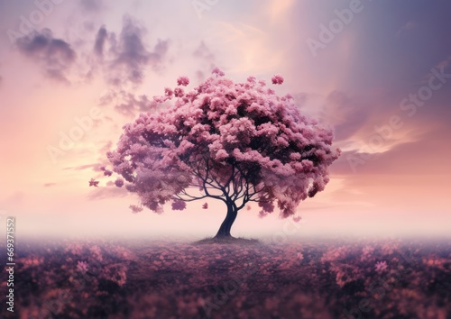 A dreamy and surreal image of a tree silhouette against a field of blooming flowers, shot from a