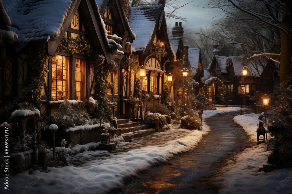 christmas street in the night with snow