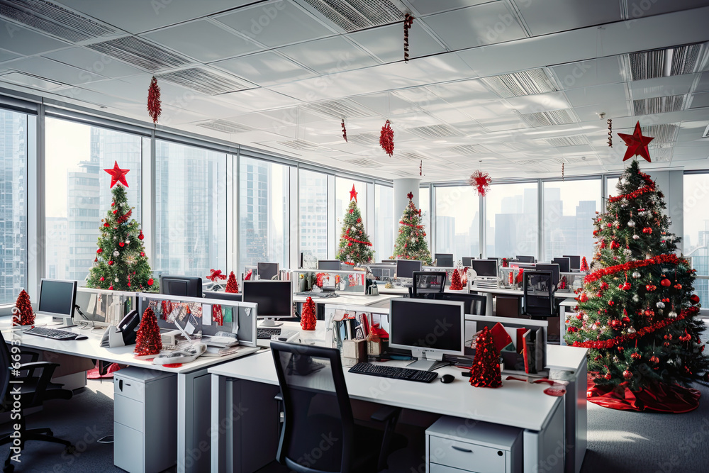 an office decorated with christmas trees and red bows on the desks, in