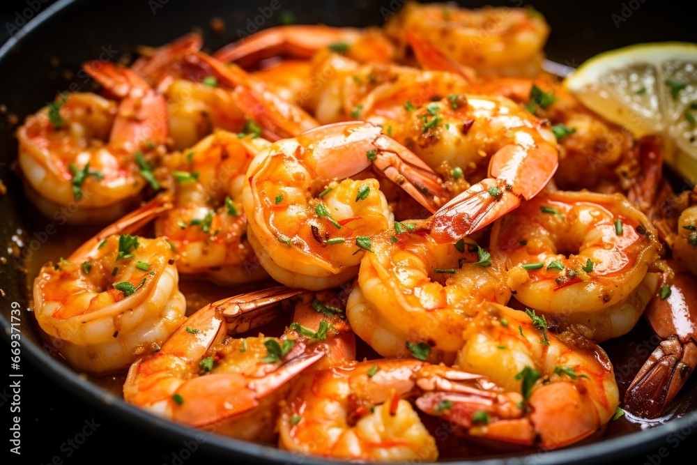Generative AI : Pan of Garlic prawns top view Generative AI : Pan of Garlic prawns top view