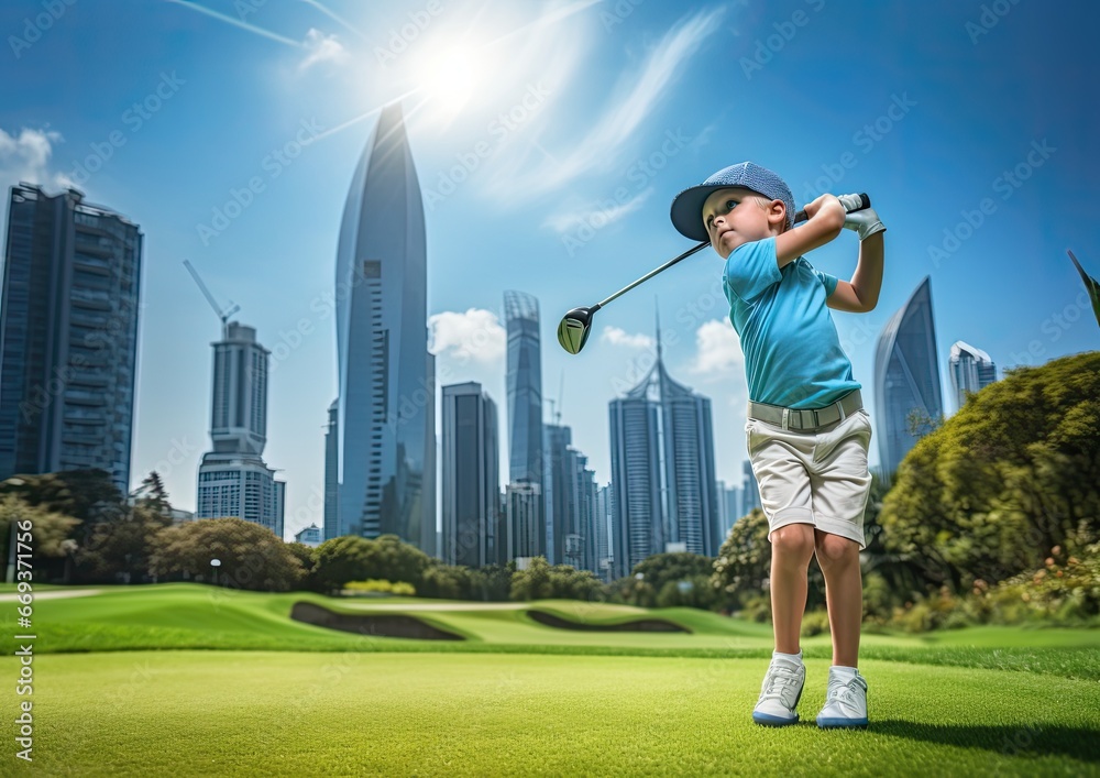 A golfer hitting a shot from a fairway surrounded by towering skyscrapers, with the urban landscape
