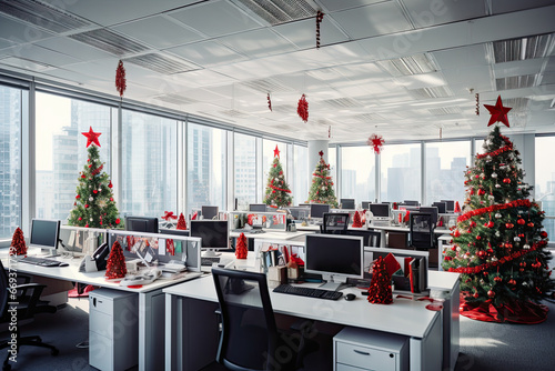 an office decorated with christmas trees and red bows on the desks, in front of large windows looking out to city skyline