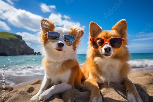 Generative AI : Two dogs are taking selfies on a beach earing sunglasses © The Little Hut