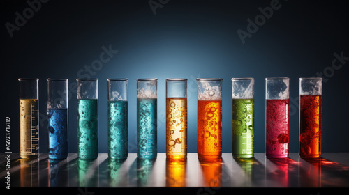 A row of test tubes filled with different colored liquids, with a microscope and Bunsen burner in the background photo
