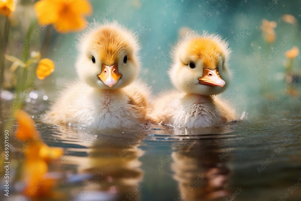 Generative AI : Baby ducks swimming in a pond. Generative AI : Baby ducks swimming in a pond.