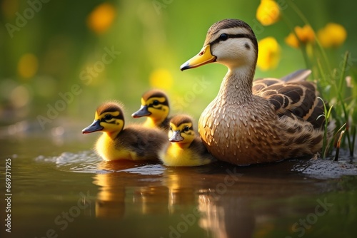 Generative AI : Ducklings Baby Duck Mother and her ducklings.