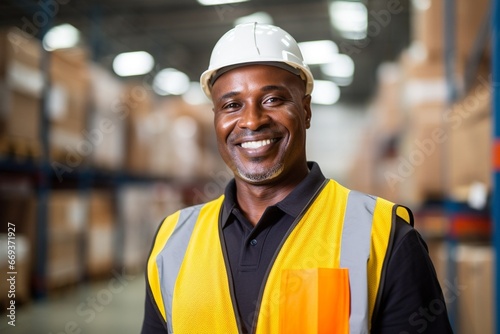 Generative AI : African America engineer wearing safety helmet and vest standing in the automotive warehouse 