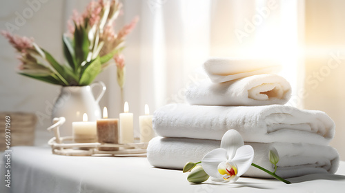 Towels alongside herbal bags and beauty treatment essentials arranged in a serene spa center within a white room