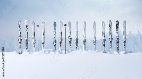 A row of skis and poles  standing in the snow