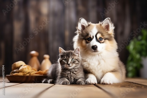 Generative AI : Adorable fluffy Pomsky dog pup, sitting together with British Shorthair cat kitten