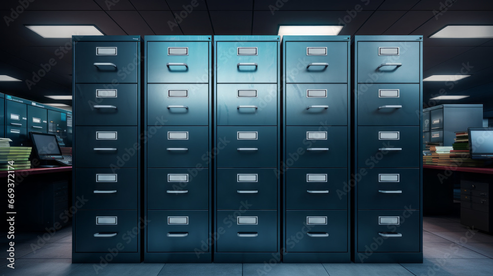 A row of filing cabinets, full of documents and folders