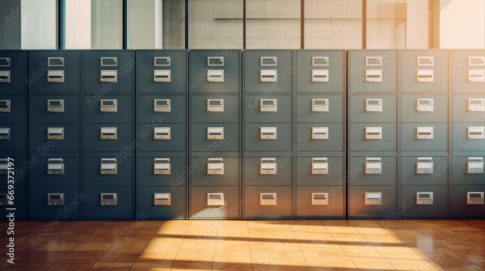 A row of filing cabinets, full of documents and folders