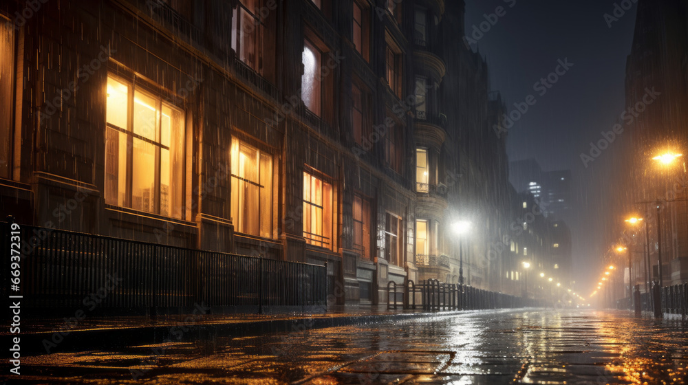 A row of buildings illuminated by the dull glow of street lights, rain pouring down in sheets