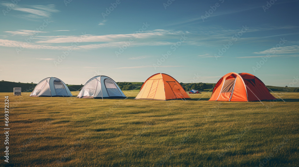 A row of camping tents, pitched in a grassy field