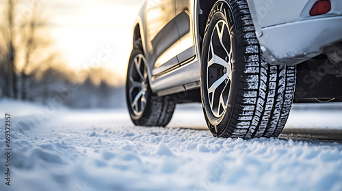Wintertime tire. Close-up of vehicle tires in snowy winter conditions on a snow-covered road