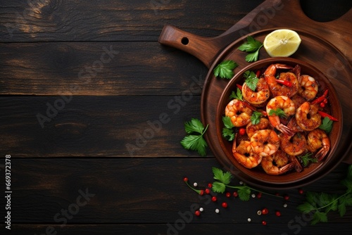 Generative AI : Top view of a rustic background with a copy space featuring a meal of spicy shrimp photo