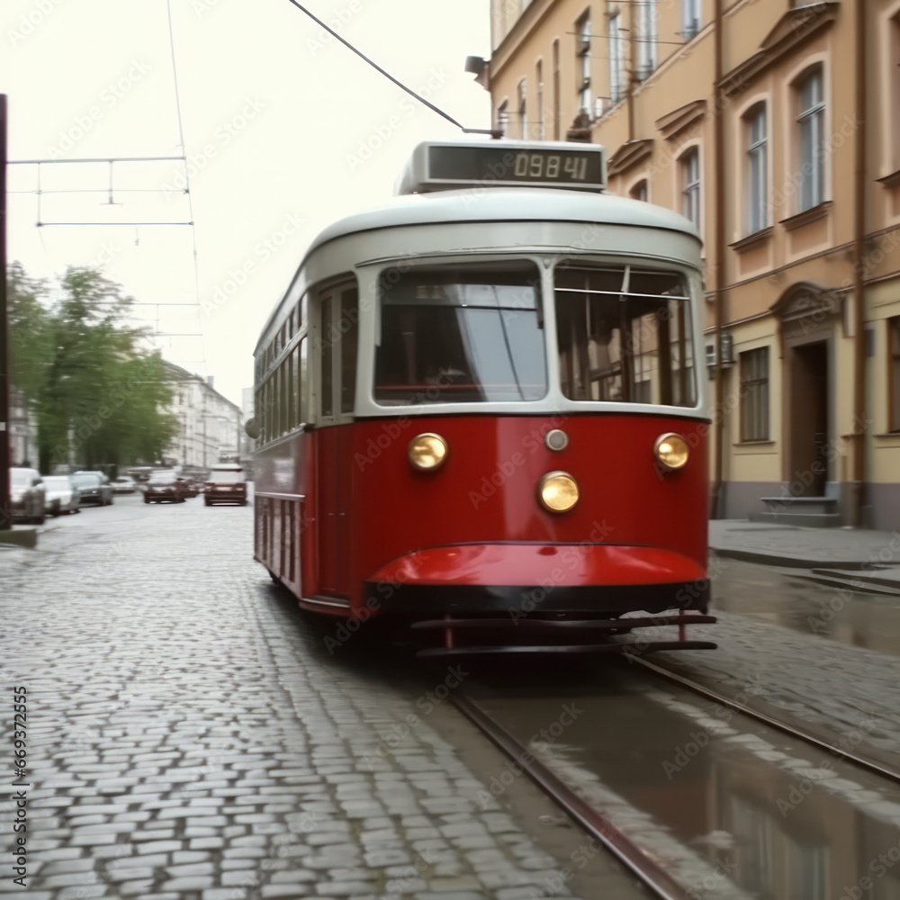 Classic trolley car Against a cobblestone street
