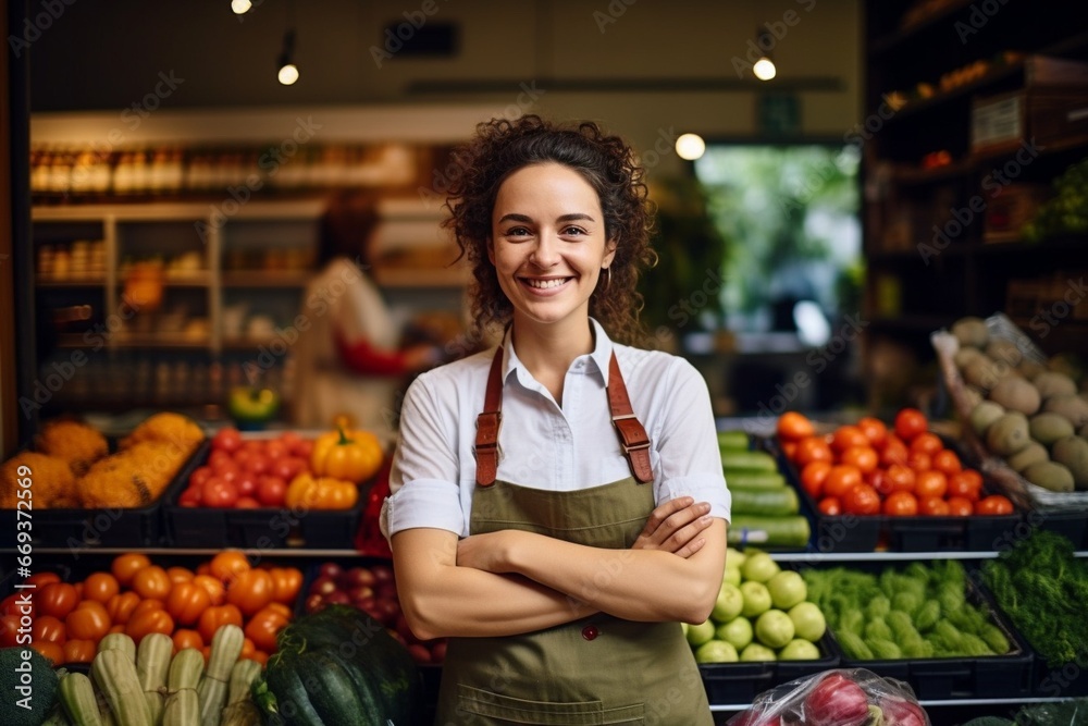 Generative AI : happy food supermarket owner. Woman works in fruits and vegetables shop.