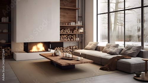 an elegant living room with fireplace on it, in the style of minimalistic landscapes, soft edges and atmospheric effects, wood, deconstructed minimalism, layered and textured surfaces, harmony