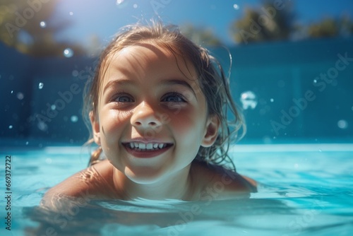 Generative AI : A little girl is swimming alone in the pool. © The Little Hut