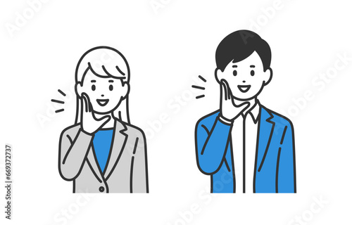 呼びかけのポーズをするビジネスパーソン男女のセット【人物ベクターイラスト素材】