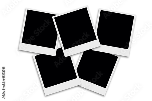 5 Blank square photo frames template with white borders in a cool random layout. Used as a printable photo collage or a mock up for album pictures or photographs collection in a classic old style.