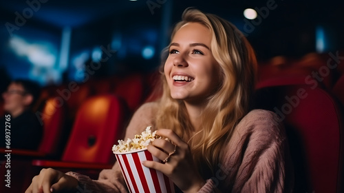 A young lady enjoying popcorn while watching a movie in the theater and laughing with excitement