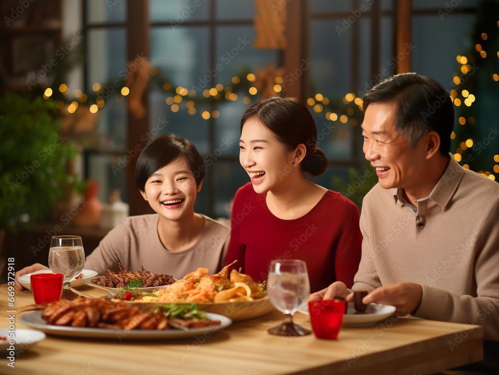 Happy asian family  having easter dinner together to celebrate christmas Thanksgiving lunch. holiday in cozy home