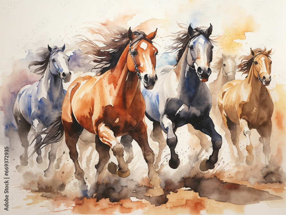 Fototapeta premium A Painting of Running Horses