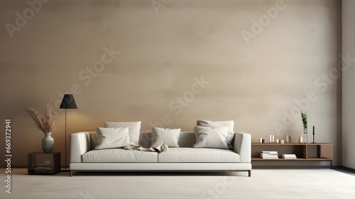  a white couch with a brown wall in a modern room, in the style of atmospheric color washes, uhd image, beige, plaste