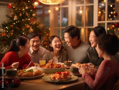 Happy asian family  having easter dinner together to celebrate christmas Thanksgiving lunch. holiday in cozy home