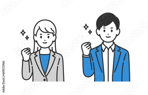 ガッツポーズをするビジネスパーソン男女のセット【人物ベクターイラスト素材】