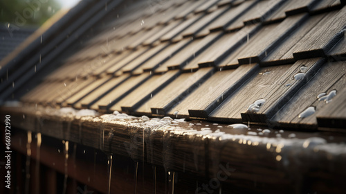 A roof with rain dripping from the eaves, its water cascading down the sides of the building photo